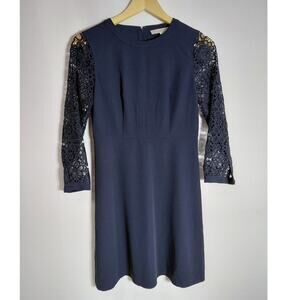 LOFT PETITES Navy Lace Sleeve Dress Solid Long Sleeve Knee Length Women Size 0P